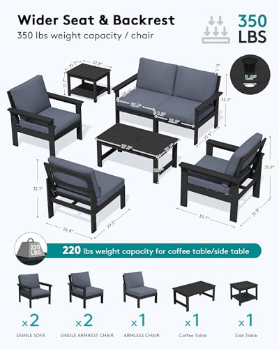 Image of SERWALL HDPE Outdoor Patio Furniture Set Outdoor Couch | All Weather Outdoor Sectional with Coffee Table & Side Table, Black Frame & Gray Cushions