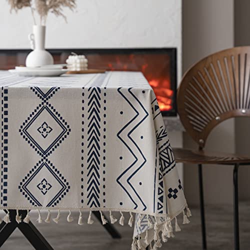Artbud White Blue Boho Wipeable Tablecloth For Rectangle Tables Waterproof Coating Spill-Proof Table Cover Heavy Weight Tabletop For Kitchen Dining Party Table Décor Square, 55"×55"(4-6 Seats) #TOP5