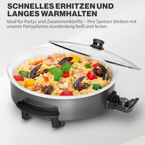 Clatronic® Partypfanne | Multifunktionspfanne zum Kochen, Braten und mehr | Keramikbeschichteter Bräter mit Deckel | Elektrischer Topf mit Thermostat | Ø 42 cm, T:9 cm | PP 3570 C