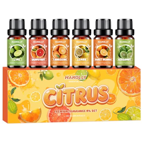 HANOLLY Oli Essenziali per Diffusori Agrumi 6x10ml, Olio Essenziale Naturali per Aromaterapia Massaggio Candele Fai da Te Profumo casa, Naranja Dulce, Bérgamo, Limón, Pomelo, Lima, Mandarino
