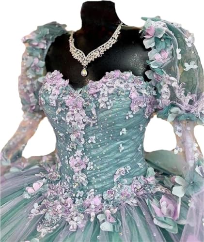 Dydsz Women's Sparkly Tulle Flowers Quinceanera Dresses with Sleeves Long Prom Dress Bow Sweet 16 Dresses Puffy Ball Gown - Image 4