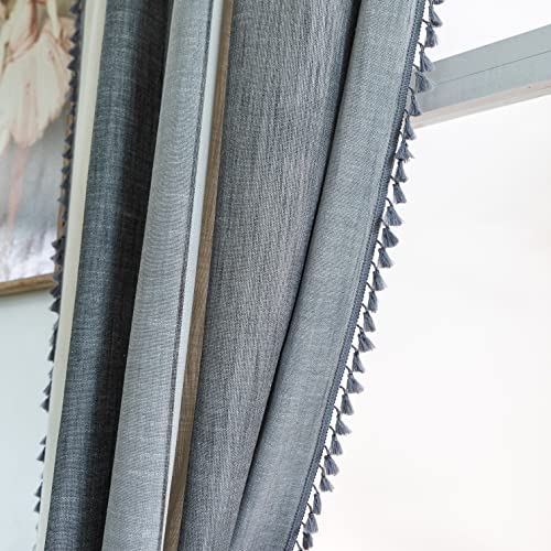 Sutuo Home Boho Curtain Semi-Blackout Linen Textured Fabric, Handmade Tassels Rod Pocket Striped Shabby Chic Vintage Bohemian Window Drapes For Bedroom, 55" W X 84" L, 1 Panel Patchwork Grey Beige #TOP3