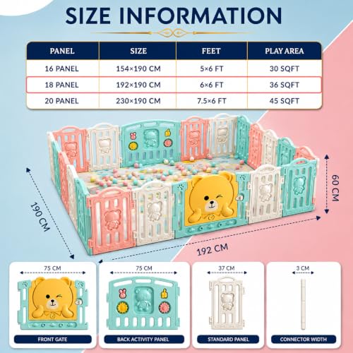 Image of 18 panel Playpen for Babies 0-3 Years Foldable with Mat and Balls Baby Play Area Indoor Setup Play Yard Fence for Toddlers Kids Playarea Setup Outdoor Children Play Pen with Gate Baby Playpen (6 x 6 ft=36 SQFT)