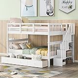 ABH Full Over Full Bunk Bed, Bunk Bed with Stairs, White Wood Bed Frame with Storage Shelves, Convertible Full Size Kids Bed, Guardrail, 14 Slats Per Bed