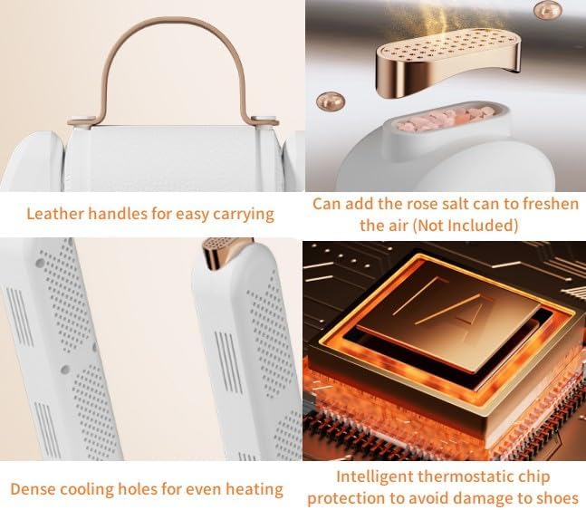 Detailed features of the Kayuneed Electric Shoe Dryer, including leather handles for carrying, a compartment for rose salt (not included) for air freshening, dense cooling holes for even heating, and an intelligent thermostatic chip for protection