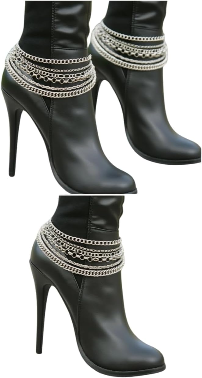 Women Western Fashion Jewelry 2 PCS Boot Bracelets SET Silver Metal Chain Shoe Anklet Charm Strands A PAIR