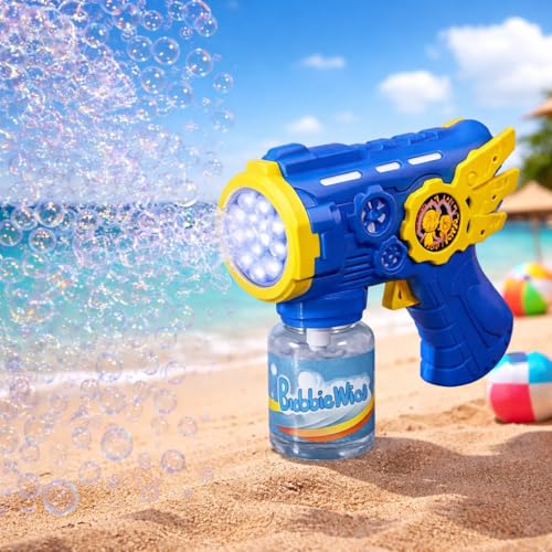 Image of Automatic Bubble Blaster Gun for Kids - LED Light-Up Bubble Machine Toy with Bubble Solution Bottle - Outdoor Beach & Party Fun
