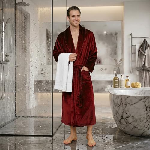 Image of U2SKIIN Mens Fleece Robe Plush Collar Shawl Bathrobe
