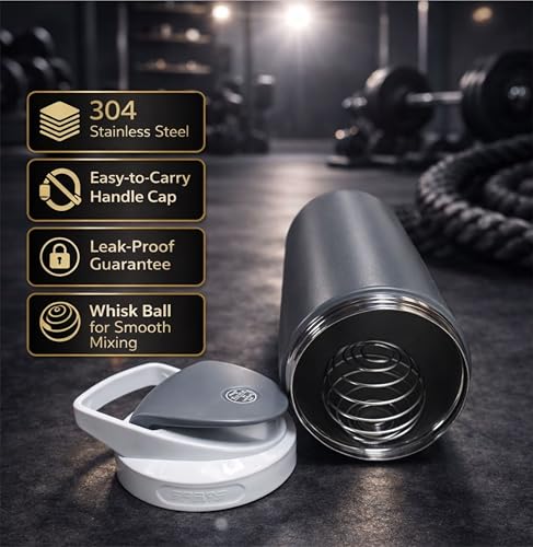 Image of Stainless Steel Protein Shaker Bottle, 100% Leakproof Metal Gym Shaker, Durable Steel Gym Sipper Bottle for Smooth Protein Mixing with Measurement 700 ml (Grey /White)