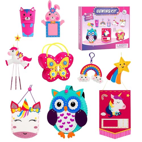 YANGUN Kids Sewing Kit, Sewing Kit for Kids, 9 Pcs DIY Crafting Animal Felt Plushie, Craft Kit Arts DIY Animal Unicorn Owl Butterfly, cat, Rabbit, etc. Fun Educational for Beginner Girls Ages 5-12
