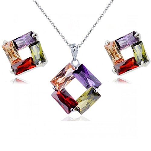 Crystalline Azuria Femme Ensemble Rhombe Collier et Clous Boucles d'Oreilles 18ct Plaqué Or Blanc avec Cristaux Multicouleurs en Zircone Cover