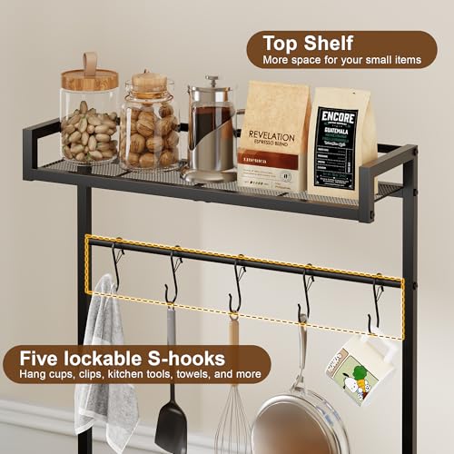 Image of Over Mini Fridge Storage Shelf Fridge Stand for Dorm with 5 Lockable Hooks | Kitchen Bakers Rack, Coffee Bar, Microwave Oven Stand, Wine Cabinet, Refrigerator Stand for Apartment, Living Room, Office