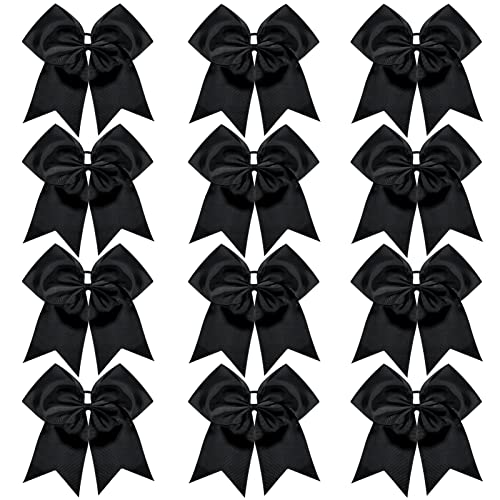 TUUXI 12pcs Large Cheering Bows 8 Inch Black Cheerleading Bows with Elastics Hair Ties Bands Ponytail Holder for Cheerleader Softball Football Competition College Sport