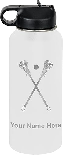 Vista 135 de LaserGram Botella de agua personalizada, palitos de lacrosse, acero inoxidable de doble pared aislada al vacío con popote superior, regalo grabado