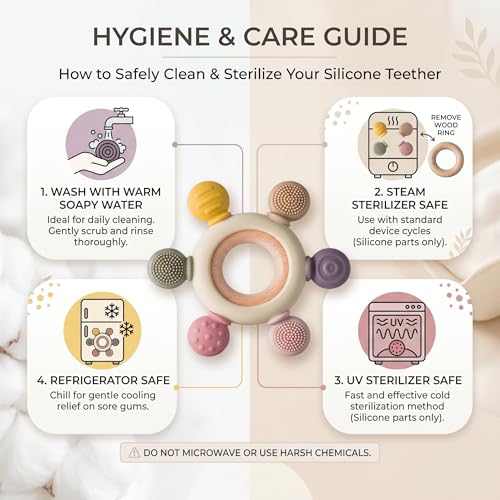 Image of Blushbaby Silicone & Wooden Baby Teether for 3+ Months Babies | BPA Free Soft Chew Teething Ring for Infants & Newborns | Safe Sensory Teether for Gum Relief | Round Shape | Beige