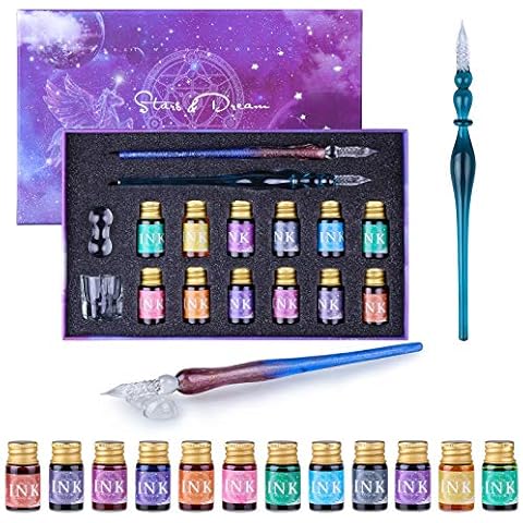 FURNIZONE Dip Pen Ink Gift Set 16 Pack, 2 Calligraphy Crystal Dip Pen with 12 Color Drawing Ink for Art/Painting/Writing, Glass Dip Pen ink Set with Holder and Clean Cup for Drawing Beginners Gift Cover