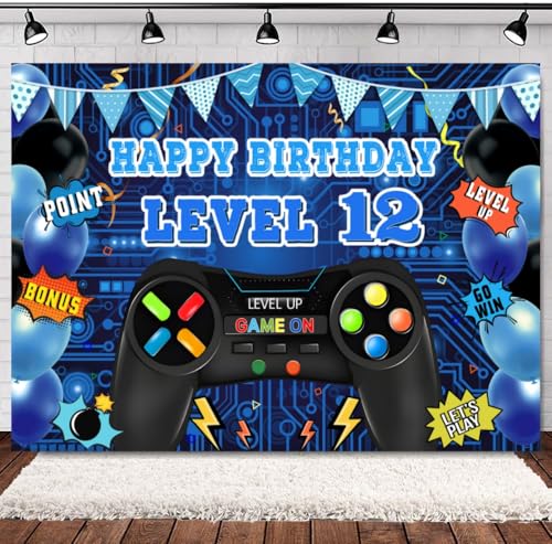 INRUI Telón de fondo para fotografía de videojuegos de 12º cumpleaños, nivel 12, desbloqueado, oficial, decoración de fotos para fiesta de cumpleaños de niños (2,1 x 1,5 m)