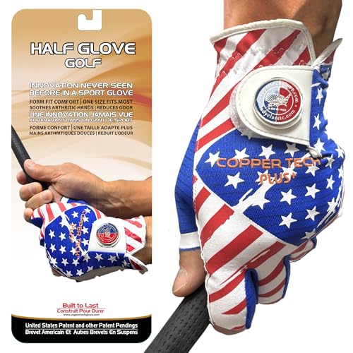 Copper Tech + Men's Half Glove- Joint Support for Golfers with Copper Compression (USA Flag, Med - Large, Worn ON Left Hand)