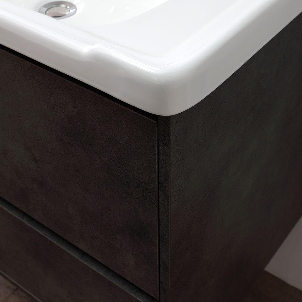 Kiamami Valentina - Mueble de baño 80cm, 2 cajones Gris Industrial, Patas de Acero y Espejo contenedor | Viena