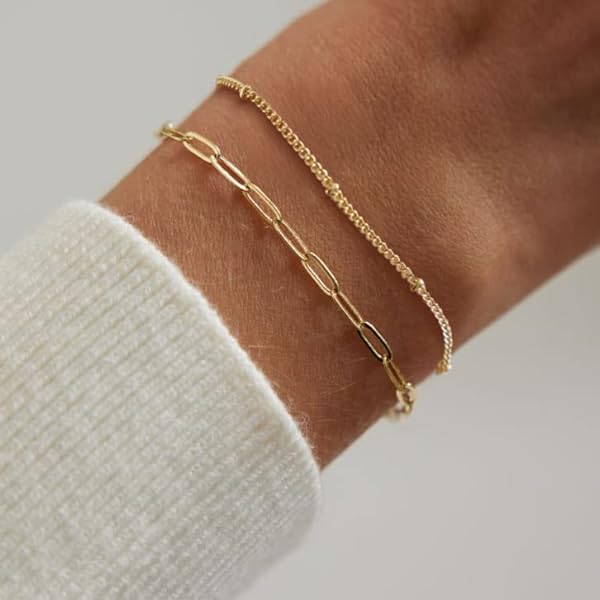 ASCOMY Bracelet for Women Gold Bracelets for Girls Dainty Paperclip Herringbone Bracelet Layered Rope Chain Bracelet Set - Image 4
