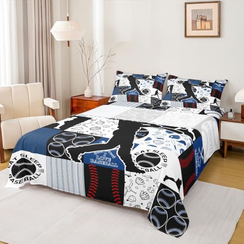 Image of Castle Fairy Patchwork Baseball Bed Sheet Set 2 Pillowcases,Sports Geometric Grid Blue Sheets Set,Baseball Player Room Decor Sheet Sets with Deep Pocket,Top Flat Sheet,King Size