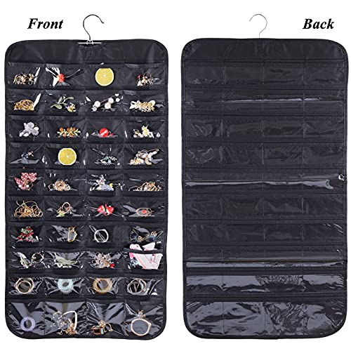 Hanging Jewelry Organizer, Double Sided 80 Pocket Jewelry Chain Storage Bag 2 Layer Of Fabric Jewelry Organizer Holder For Necklace Bracelet Earring Ring Chain Knitting Tool-Black #TOP4
