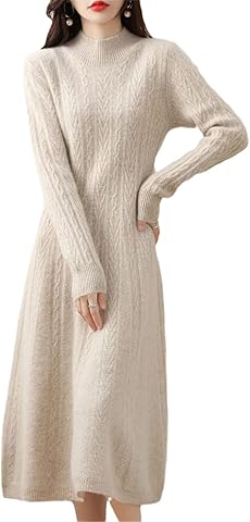 Ruereuu Vestido de mujer Suéter de cachemira Vestido largo de lana merino Cuello alto Falda de oficina