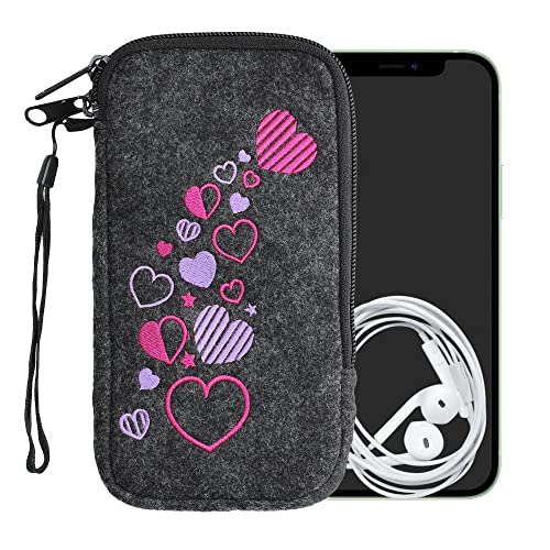 Kwmobile Felt Phone Pouch Size Xl - 6.7/6.8" - Zippered Universal Bag With Zipper And Embroidered Design - Heart Mix Pink/Violet/Dark Grey #TOP4