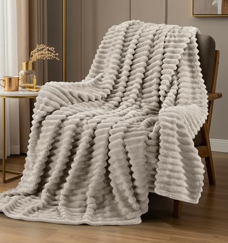 Utopia Bedding Linen Striped Fleece Blanket Throw Size – Fluffy, Warm & Lightweight Ribbed Throw for Bed, Sofa & Chair - Soft Cozy Blanket for Home Décor & Gifting (50x60 Inches)