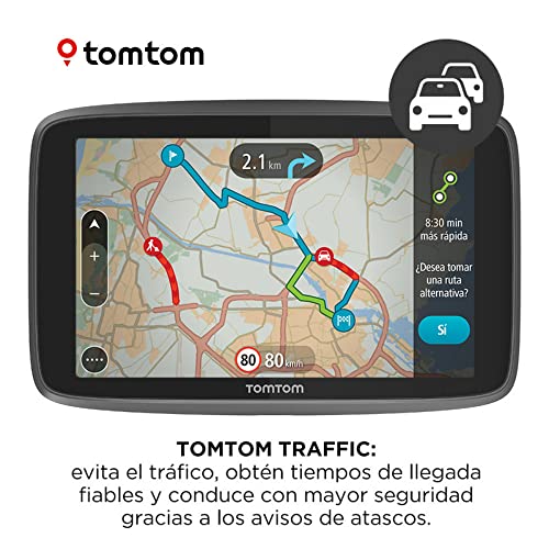 GPS TomTom mostrando información de tráfico con rutas y tiempos de llegada en tiempo real