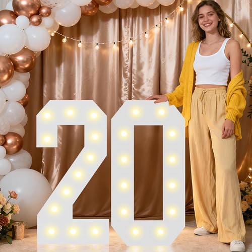 Image of Pooqla 2.4FT Light Up Numbers for 20 Year Old Boy Girl Gifts, Marquee Numbers 2.4 Feet Tall Party Decor for Her Him, Mosaic Big Sign for 20th Birthday Decoration Backdrop, Warm White Large Number 20