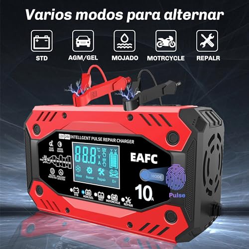 EAFC Cargador de Batería 12V 10A Coche con Pantalla Táctil Múltiples Protecciones Cargador Bateria Coche para Automóviles Motocicletas AGM, Gel(Incluye Caja de Almacenamiento) - imagen 3