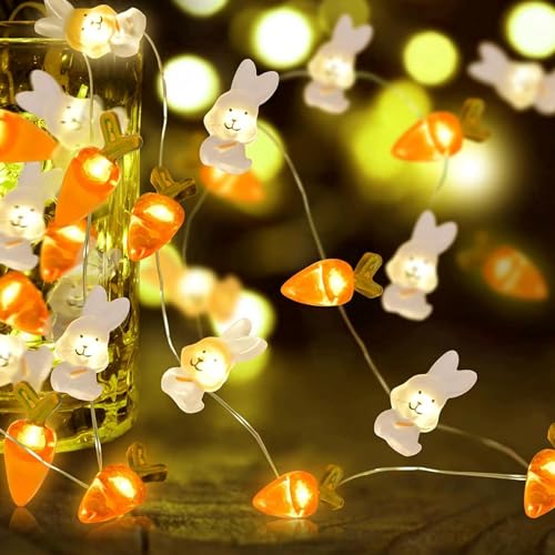 Guirlande lumineuse de Pâques à LED - 300 cm - Décoration de Pâques - Motif lapins et carottes - Blanc chaud - Décoration de Pâques