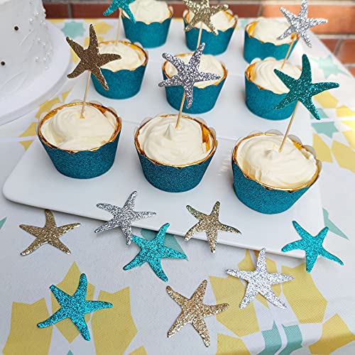 Mybbshower Glitter Paper Starfish Confetti For Birthday Party Table Scatter Beach Theme Party Wedding Decorations Diy Crafts Pack Of 150 (Teal Gold Silver) #TOP5