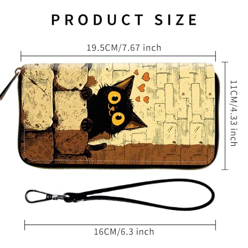 Wallet,Leather Long Wallet Suitable For Ladies And Teenagers - Detachable Wristband + RFID Travel Wallet With Card Slot - Cute Black Cat with Hearts2