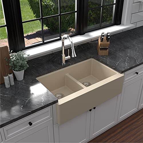 Black Friday - 50% OFF Karran Farmhouse Apron Front Quartz Composite 34 in. Double Bowl Kitchen Sink in Bisque