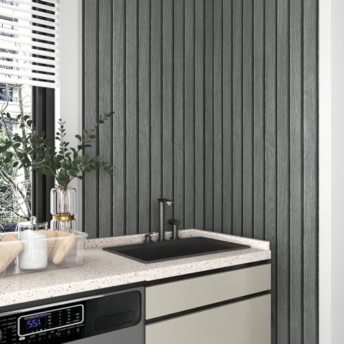 Yullpaper Black Grey Wallpaper Wood Slat Effect Vinyl Self Adhesive Wallpaper for Walls Vintage Black Vinyl Wrap for Kitchen Cupboards Deark Grey Wood Panel Wallpaper for Living Room 40cm X 300cm