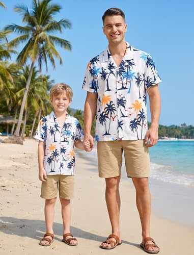 Image of AWIBMK Hawaiian Family Matching Outfits Mother Daughter Tropical Dresses Father Son Shirts for Beach Vacation Luau Party