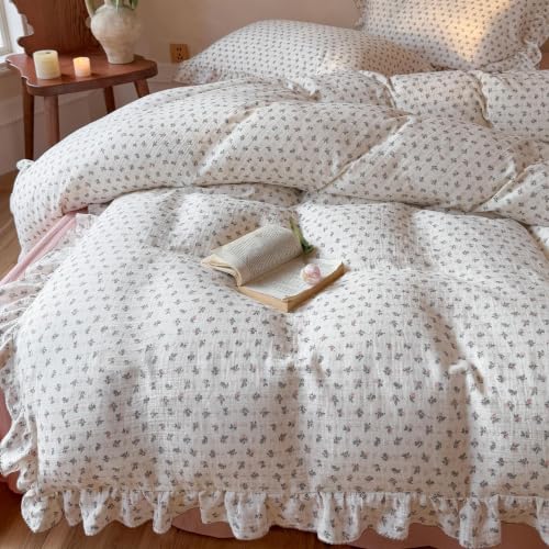 Image of BuLuTu Cottage Core Floral Duvet Cover King with Ruffles, No Pillows