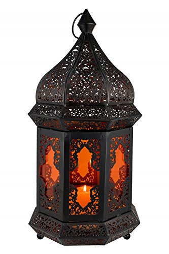 Orientalische Laterne aus Metall & Glas Wifaq Orange 40cm | orientalisches Windlicht schwarz mit Glas | Marokkanische…