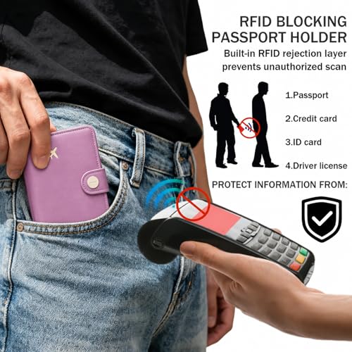 Image of ZOPPEN Passport Holder for Travel Essentials, RFID Blocking PU Leather Water-Resistant Lightweight Passport Cover with Multiple Card Slots, Easy to Carry Travel Wallet for Women Men, Elegant Purple