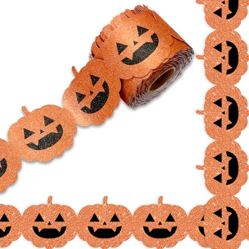 Image of Whaline 65.6Ft Halloween Bulletin Board Border Glitter Orange Pumpkin Die Cut Trim Border Roll for Spooky Chalkboard Wall Decor