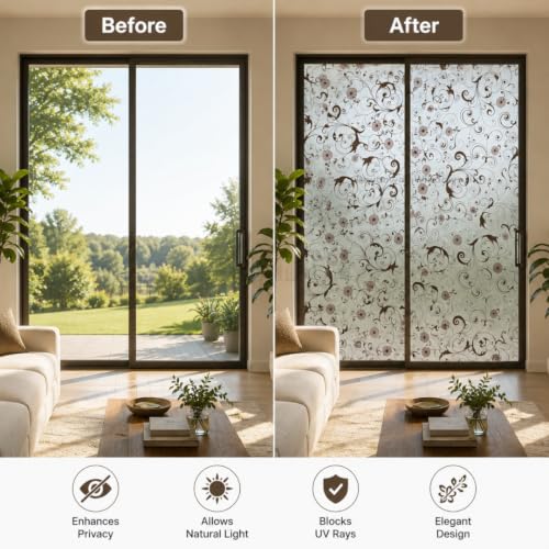 Image of Self Adhesive Window Privacy Film for Glass Windows & Doors | UV Blocking, Heat & Glare Reduction | Decorative Frosted Glass Film Easy to Apply (Antique Floral Swirl Pattern, 12X26 Inch)