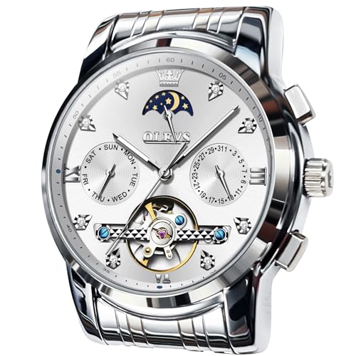 OLEVS Silver Automatic Watches for Men Waterproof Luxury Dress Self Winding Mechanical Skeleton Tourbillon Moon Phase Stainless Steel Luminous Diamond Men's Wrist Watches Gift -  OL-S-G6678GY-YY