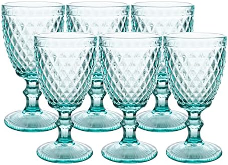 NiLor Colored Glass Goblet Vintage with Set of 6 Diamond Design Pressed Pattern, Party Glasses, Drinking Glass, Wine Glass, Wedding Goblet 12 Ounce (Lemon Green)…