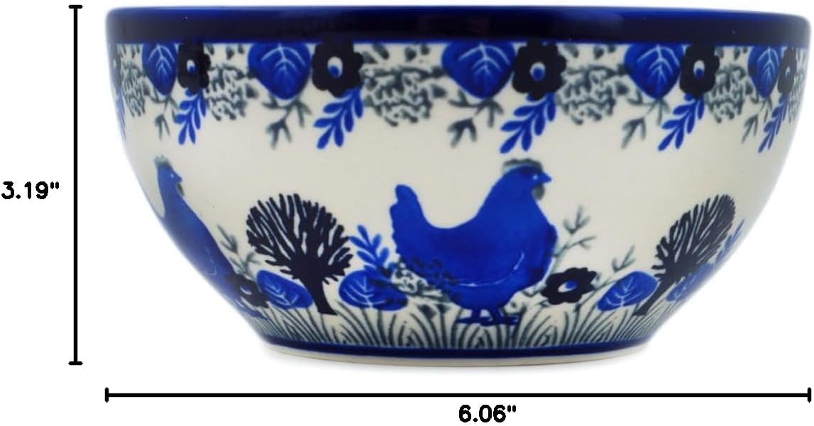 Polmedia Polish Pottery Bowl 6-inch UNIKAT - Spring Chicken Pattern Handmade in Boleslawiec Poland by Ceramika Bona + Certificate of Authenticity
