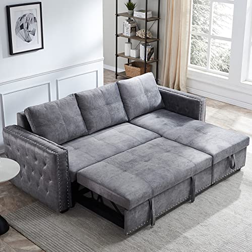 Polibi 91" Convertible Pull-Out Sleeper Sofa Bed W/Storage Chaise Lounge, L-Shape 3-Seat Corner Sofa Couch With Button Tufted Design And Copper Nailhead Trim For Living Room Bedroom (Grey) #TOP7