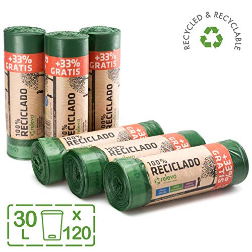 Relevo 100% Reciclado Bolsas de Basura, extra resistentes 30 L, 120 bolsas