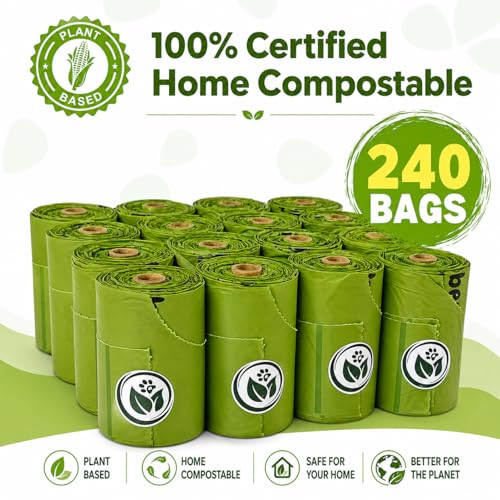 Image of 100% Compostable Handle-Tie Doggy Poop Bags (240 Bags) 16 Refill Rolls Plant-Based Cornstarch ASTM D6400 & EN 13432 Compliant HOME Certiified Compostabel Pet Dog Waste Bags (240 ct.)