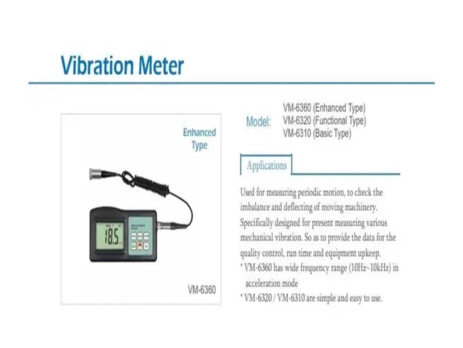 Misuratore di vibrazioni, Misuratore di vibrazioni precisione VM-6360, da utilizzare for misurare il moto periodico, 5% della lettura + 2 cifre, velocità 10 Hz ~ 1 kHz